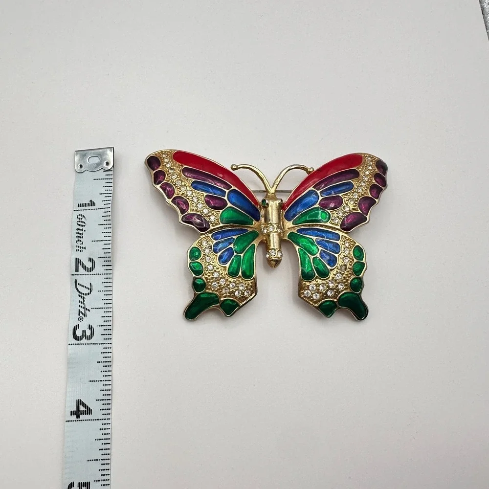 Vintage 90s Gold Tone Butterfly Brooch Enamel Glass Boho Jewelry